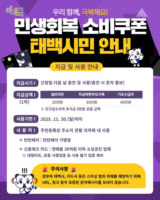 ▲ 태백시가 고물가와 소비 위축 등으로 어려움을 겪고 있는 시민과 지역 소상공인을 지원하기 위해 마련된 정부의 ‘민생회복 소비쿠폰’ 지급을 21일 시작해 오는 9월 12일까지 지속한다.