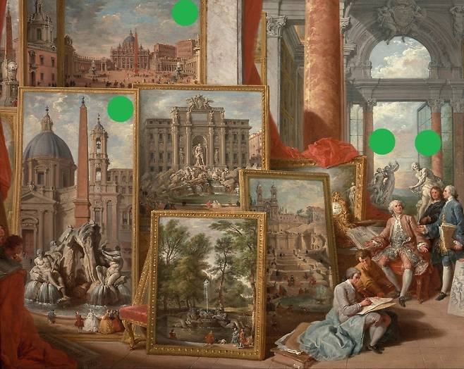 초록색 점으로 표시한 게 베르니니의 작품이다. (좌측 상단 그림은 성 베드로 광장, 좌측 하단 그림은 피우미 분수, 우측 조각상들 중 왼쪽은 아폴론과 다프네, 오른쪽은 다비드.)