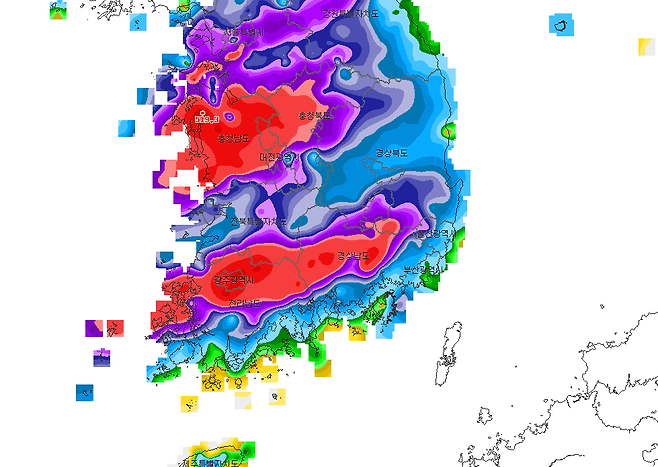 지난 16일 오전 0시부터 18일 오전 9시까지 누적강수량 분포도. 충남과 전라도를 중심으로 역대급 폭우가 내렸다. 기상청 제공