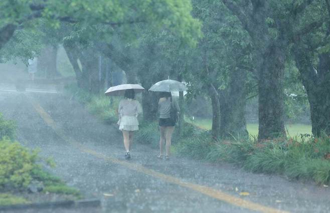 18일 오후 제주시 아라동 제주대 캠퍼스에 게릴라성 폭우가 쏟아지고 있다. 연합뉴스