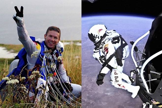 스카이다이버 펠릭스 바움가트너. 오른쪽은 2012년 초음속 낙하 당시 바움가트너의 모습. 로이터 연합뉴스