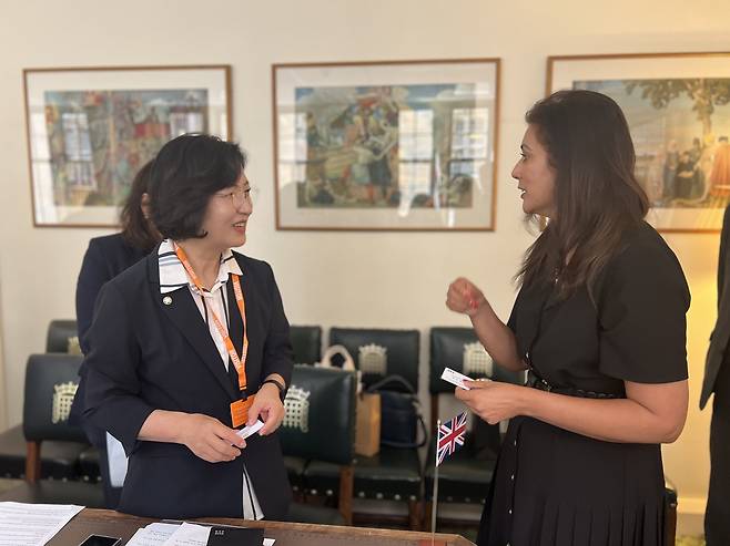 추미애 특사단장, 영국 하원 선임부의장과 회동 (런던=연합뉴스) 대통령 영국 특사단 단장인 추미애 의원이 17일(현지시간) 영국 런던에서 누스랏 가니 영국 하원 선임부의장과 만나고 있다. 2025.7.19 photo@yna.co.kr [외교부 제공]