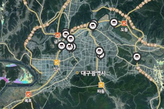 환경부 홍수위험지도 정보시스템 도시침수지도. 지도 왼쪽 경북 고령 지역과 오른쪽 경산 지역은 예상 침수범위와 깊이가 색으로 표시돼 있는 반면 대구는 아무 정보가 없는 상태다. 환경부 홍수위험지도 정보시스템 캡쳐