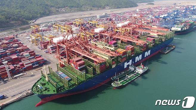 29일 오후 부산 강서구 현대부산신항만(HPNT)에 정박해 있는 '알헤시라스호'에 항만 노동자들이 물량 작업을 하고 있다. (자료사진, HMM 제공) 2020.4.29/뉴스1 ⓒ News1 여주연 기자