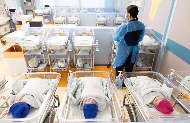 경기 고양시 일산차병원 신생아실에서 간호사가 아기를 돌보고 있다./뉴스1