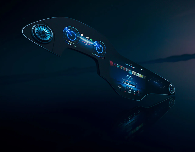 메르세데스 벤츠 MBUX 하이퍼스크린. 하나의 디스플레이처럼 이어져있지만 3개의 패널을 이어붙여 길게 만들었다. 〈사진 메르세데스 벤츠 홈페이지〉