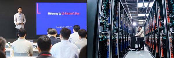 이화영 LG AI연구원 AI사업개발부문장이 지난 15일 서울 마곡 LG AI연구원에서 열린 엑사원 파트너스 데이에서 환영사를 하고 있다(왼쪽 사진). SK텔레콤은 한국어 특화 LLM인 A.X(에이닷 엑스) 4.0을 오픈소스로 공개했다. 사진은 에이닷 엑스 4.0의 대규모 학습을 진행한 SK텔레콤 자체 구축 슈퍼컴퓨터 ‘타이탄’.  LG, SK텔레콤 제공