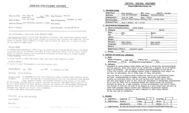 An example of adoption records issued by the Eastern Child Welfare Society that was provided to the Korea JoongAng Daily by Thomas McCarthy, who was adopted by a family in Minnesota. [THOMAS MCCARTHY]