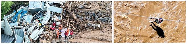 지난 17일부터 사흘간 800㎜에 육박하는 폭우가 내려 경남 산청군 산청읍 부리에 산사태가 발생한 가운데 20일 소방대원 등 관계자들이 실종자 수색 작업을 하고 있다(왼쪽). 20일 오전 경기 가평군에 시간당 76㎜의 기습 호우가 내려 조종면 마일리 한 캠핑장에 고립된 시민이 소방 로프를 타고 탈출하고 있다.  뉴스1