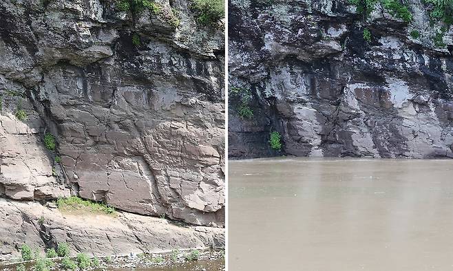 지난 19일 울산 울주 대곡리 반구대 암각화가 호우에 사연댐 수위가 상승하면서 물에 잠겨 보이지 않고 있는 모습(오른쪽 사진). 왼쪽 사진은 지난 3일 동일한 구도로 촬영한 반구대 암각화 모습. 연합뉴스