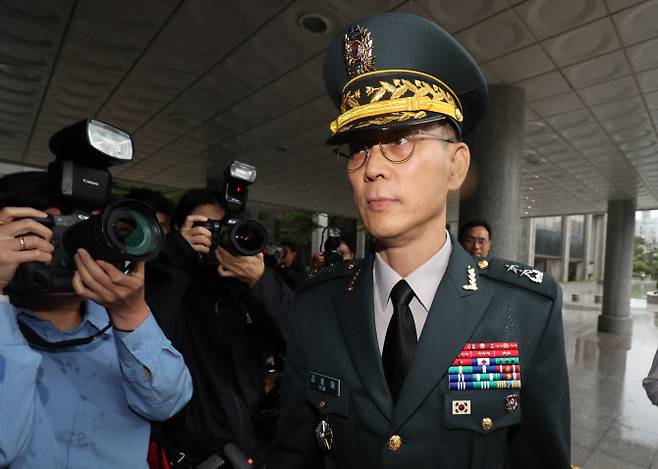 김용대 드론작전사령관이 지난 17일 내란특검 사무실이 마련된 서울 서초구 서울고검에 조사를 받기 위해 출석하고 있다. (사진=연합뉴스)