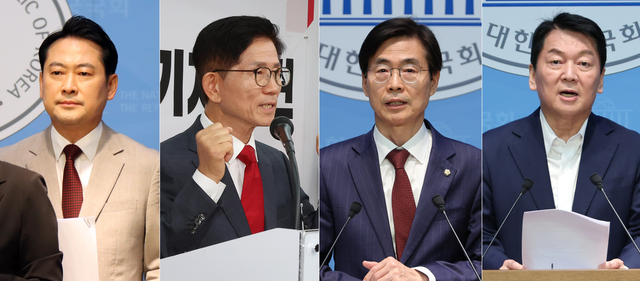 왼쪽부터 국민의힘 소속 장동혁 의원, 김문수 전 고용노동부 장관, 조경태 의원, 안철수 의원. 장 의원과 김 전 장관, 조 의원은 당권 도전 입장을 공식적으로 밝혔고 안 의원은 출마가 유력한 상황이다.<장동혁 국회의원 페이스북 사진·연합뉴스 사진 갈무리>