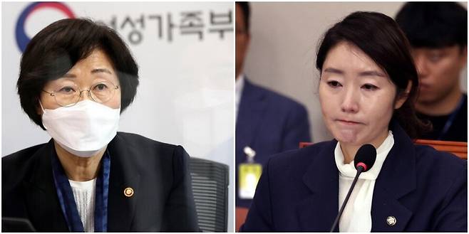 정영애 전 여성가족부 장관(왼쪽 사진)과 강선우 여성가족부 장관 후보자. 한겨레 자료 사진