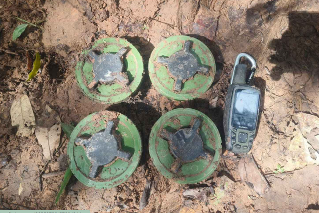 캄보디아 국경 인근인 태국 동북부 우본랏차타니주 남위안 지역에서 발견된 지뢰. 방콕포스트 캡처