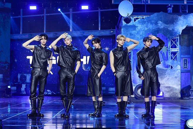 TXT poses during the media showcase for its fourth studio album "The Star Chapter: Together" held at Kyung Hee University in Seoul, Monday. (Big Hit Music)