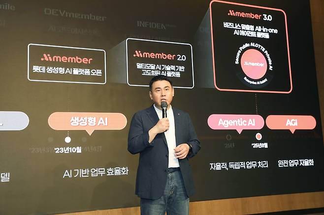 김경엽 롯데이노베이트 대표가 지난 18일 서울 송파구 롯데호텔에서 롯데 AI 쇼케이스 2025를 열고 AI 에이전트 플랫폼으로 진화한 ‘아이멤버 3.0’을 소개하고 있다.  [롯데이노베이트 제공]