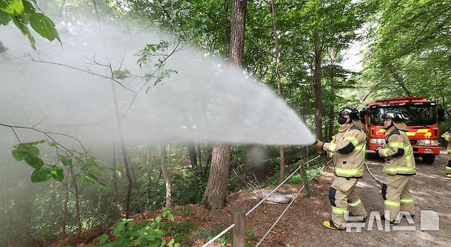 [서울=뉴시스] 권창회 기자 = 3일 서울 노원구 삼육대학교 인근 제명호에서 서울소방 관계자들이 '러브버그(붉은등우단털파리)' 방제작업을 하고 있다. 2025.07.03. kch0523@newsis.com