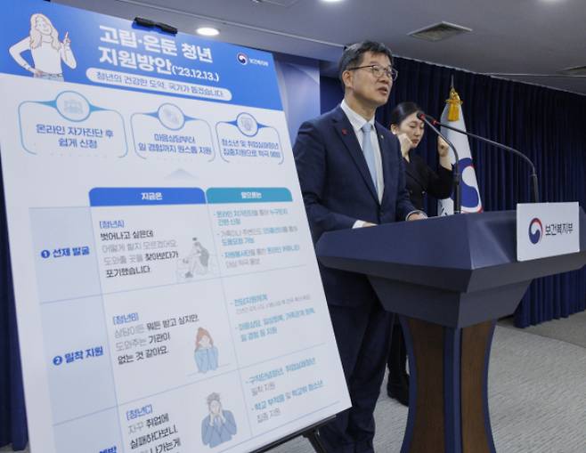 이기일 보건복지부 1차관이 2023년 12월 서울 종로구 정부서울청사에서 고립·은둔 청년 지원 방안을 발표하고 있다. 연합뉴스