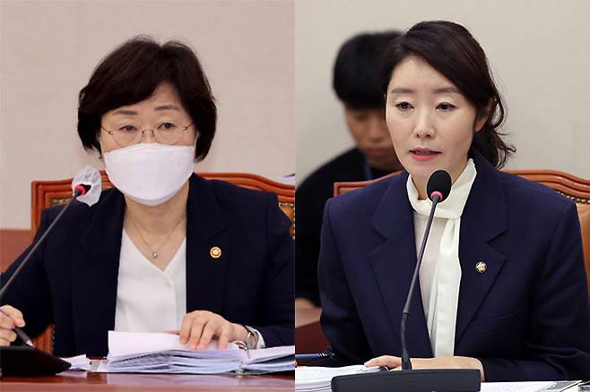 정영애 전 여성가족부 장관(왼쪽), 강선우 여성가족부 장관 후보자. 윤창원 기자·연합뉴스