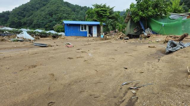 경기 가평 원흥리의 최봉열씨(73세) 농장 앞쪽으로 강물에 휩쓸려온 모래에 반쯤 묻힌 숟가락과 가재도구가 당시 위급한 상황을 말해주고 있다.