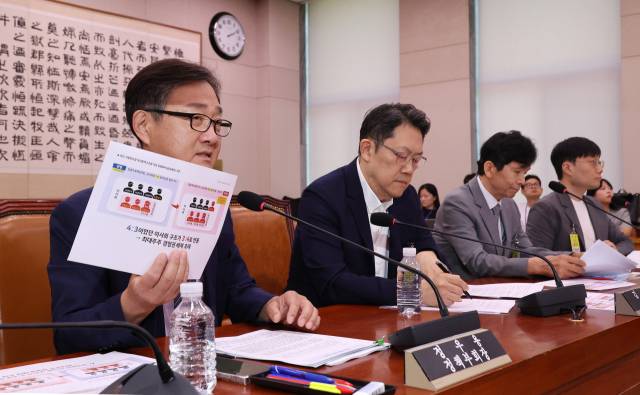 이달 11일 국회 법제사법위원회 법안심사제1소위원회에서 열린 상법 추가 개정을 위한 공청회에서 정우용 한국상장회사협의회 정책부회장이 진술하고 있다. 연합뉴스