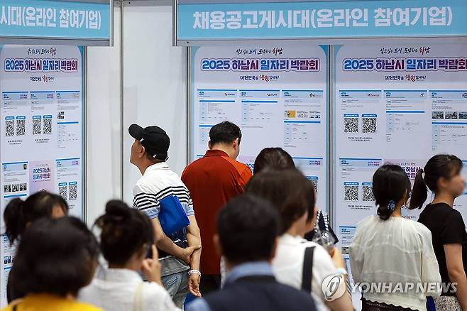 5월 취업자, 13개월만에 20만명대 (하남=연합뉴스) 신현우 기자 = 통계청이 '5월 고용동향'을 발표한 11일 경기도 하남종합운동장 제2체육관에서 열린 2025 하남시 일자리박람회에서 구직자들이 채용공고 게시대를 살피고 있다.
    이날 통계청이 발표한 '5월 고용동향'에 따르면 지난달 15세 이상 취업자는 2천916만명으로, 작년 같은 달보다 24만5천명 증가했다. 특히 37만명 증가한 60세 이상 취업자(704만9천명)는 처음으로 700만명을 넘었다. 2025.6.11 nowwego@yna.co.kr