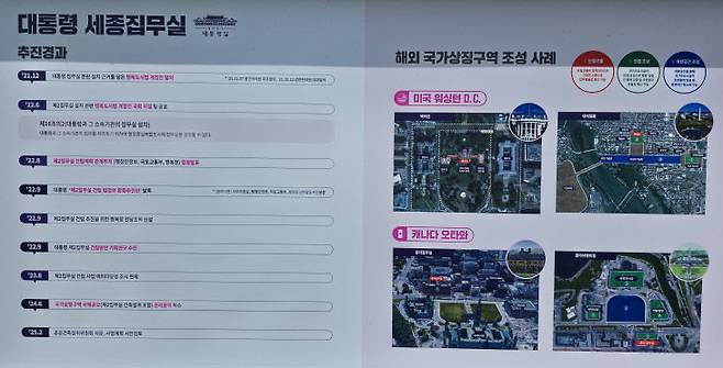 국회 세종의사당 한켠의 게시판으로 있는 '대통령 세종집무실 현황판과 해외 국가 사례'.