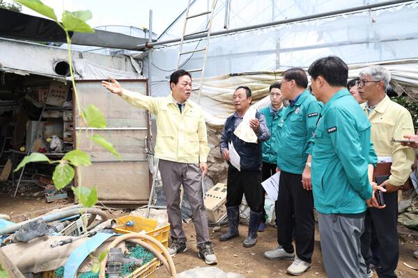 박완수 경남도지사가 22일 합천군 삼가면 외토리에 있는 만감류 시설하우스 침수 피해 농가를 찾아 현황을 점검하고 있다. /경남도&nbsp;