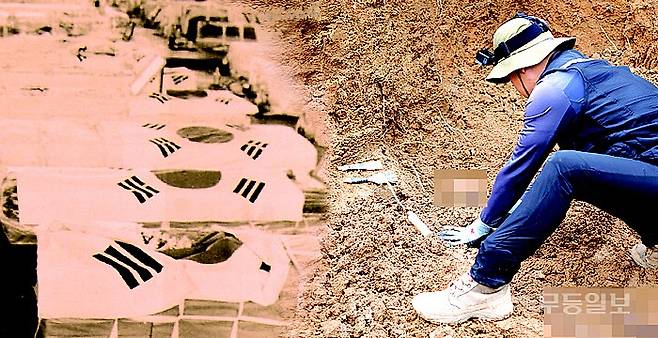 광주시가 무등일보의 잇따른 지적에 따라 기동타격대원들이 만든 '암매장 지도' 원본 찾기에 나섰다. 사진은 지난 80년 5월 당시 상무관에 진열된 희생자들 관과 지난 2023년 암매장 추정지 발굴 합성 사진. 무등일보 DB