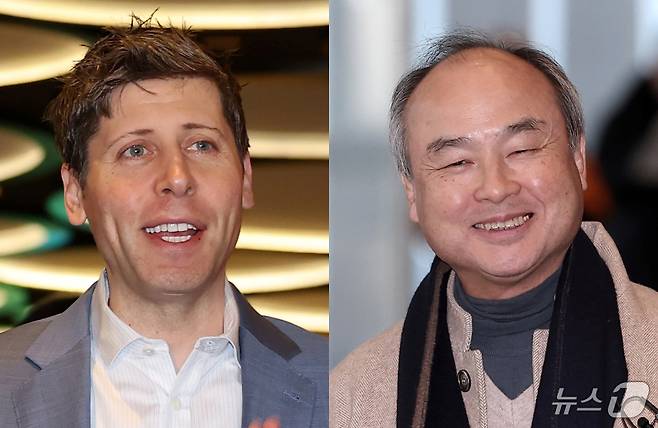 인공지능(AI) 인프라 프로젝트 '스타게이트'를 추진하고 있는 미국 오픈 AI의 샘 올트먼 최고경영자(CEO)와 일본 소프트뱅크 손정의 회장. 2025.2.4/뉴스1 ⓒ News1 오대일 기자, 김성진 기자