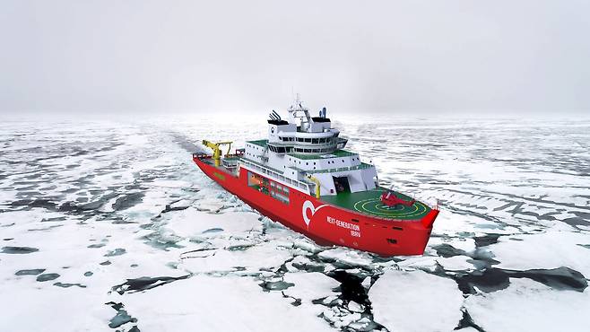차세대 쇄빙연구선이 해빙을 뚫고 항해하는 조감도. 차세대 쇄빙연구선은 2030년부터 북극을 중심으로 운용될 예정이다./극지연구소