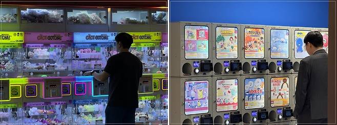 직장인들이 서울 중구 을지로입구역(왼쪽)과 강남구 강남역에 위치한 가챠샵을 둘러보고 있다. 가챠는 일본어 '가챠가챠'에서 유래한 단어로 랜덤뽑기를 의미한다. /이호준 기자