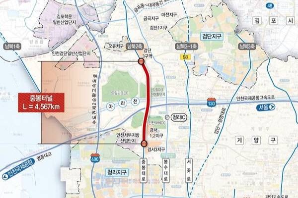 4.57km, 왕복 4차로 자동자 전용 대심도 지하도로 ‘중봉터널’ 위치도