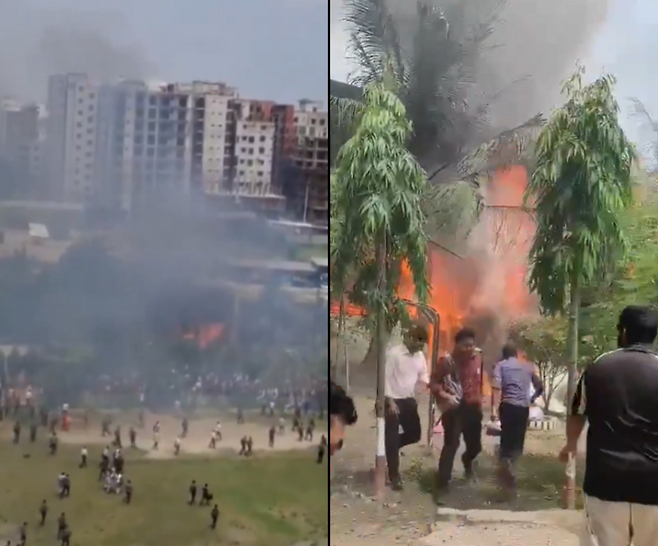 21일 방글라데시 다카 지역에서 발생한 공군 훈련기 추락 사고로 학교 건물에 불길이 치솟고 있다. 사진=엑스 캡처