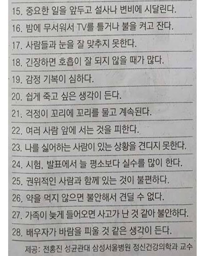 삼성서울병원 정신과 예민함 테스트 문항
