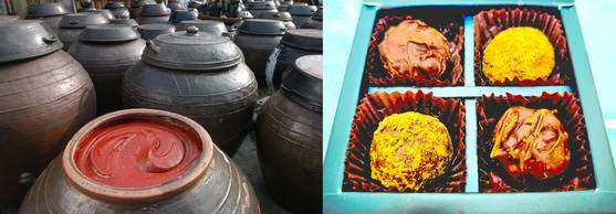 전북 순창군이 지난 3월 화이트데이에 맞춰 출시한 '순창 담은 초콜릿'(오른쪽). 피정훈 쇼콜라티에(초콜릿 아티스트)가 순창 특산물인 고추장과 함께 지역에서 나는 밤·블루베리를 활용해 독창적인 맛이 나는 초콜릿을 개발했다. 사진 순창군