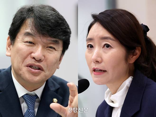 문진석 더불어민주당 원내운영수석부대표(왼쪽)와 강선우 여성가족부 장관 후보자. 박민규 선임기자·권도현 기자