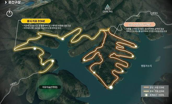 충북 음성군이 맹동저수지 일원에 조성하는 ‘천년숨결 국가생태 탐방로’ 조감도. 음성군 제공.