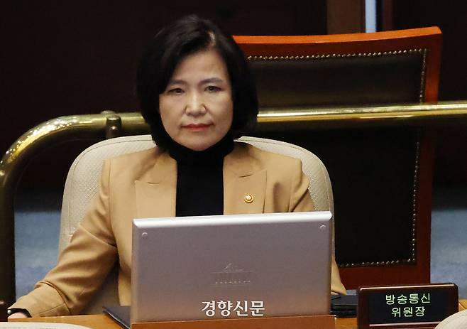 이진숙 방송통신위원장이 지난 4월 국회 본회의에서 방송법 일부개정법률안 이 가결되자 굳은 표정을 짓고 있다. 박민규 선임기자