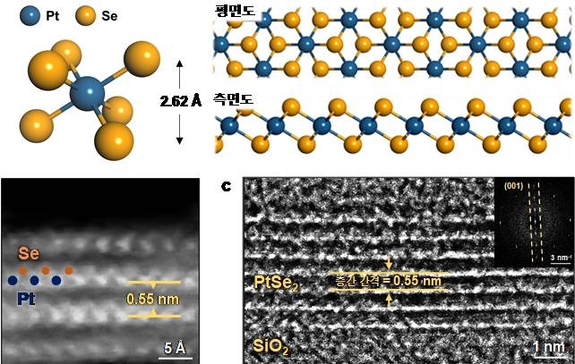 PtSe2 박막의 결정 구조를 나타내는 모식도. (왼쪽 아래)측면에서 촬영한 주사형 투과 전자현미경 (cross-sectional HAADF-STEM) 및 (오른쪽 아래)고해상도 투과 전자현미경(cross-sectional HRTEM) 이미지. 특히 왼쪽 아래의 이미지에서는 실제 백금과 셀레늄 원자들의 배열이 시각적으로 확인된다. KAIST