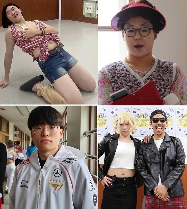 (왼쪽 상단부터 시계방향) 워터밤 행사에 참여한 가수 권은비, 구독자 188만 유튜버 랄랄의 부캐 이명화, 블랙핑크 로제와 가수 브루노 마스, T1 소속 프로게이머 페이커 등을 패러디한 의정부고 졸업사진 촬영 모습 /사진=의정부고 학생자치회 인스타그램