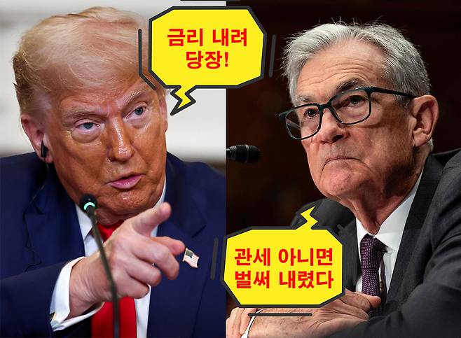 도널드 트럼프(왼쪽) 미국 대통령과 제롬 파월 미 연방준비제도(Fed·연준) 의장. [로이터·AFP]