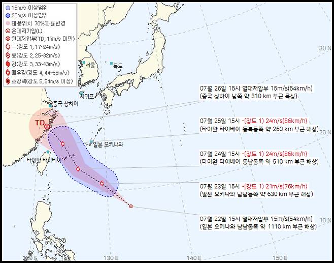 제13호 열대저압부 예상 이동 경로(태풍 '프란시스코'로 발달 전망) [기상청 제공]