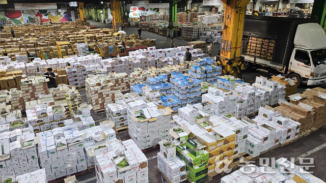 서울 가락시장에 경매를 앞둔 상추·깻잎 등 잎채소류가 쌓여 있다.