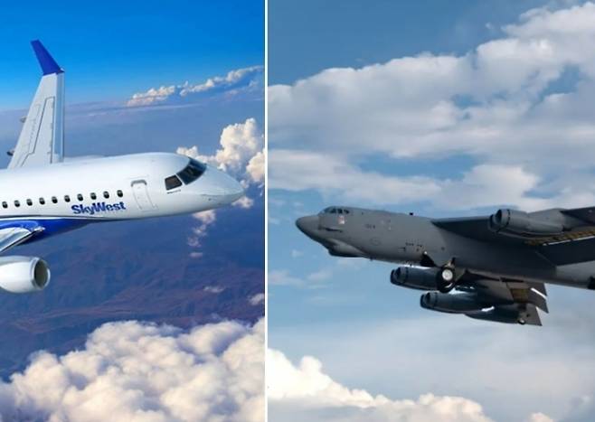왼쪽은 스카이웨스트항공 여객기, 오른쪽은 미 공군 B-52 전략폭격기 자료사진