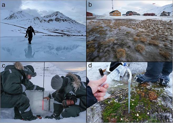 2025년 2월 스발바르에서 겨울철 현장 탐사를 하고 있는 연구팀 [Nature Communications / James A. Bradley 제공. 재판매 및 DB 금지]