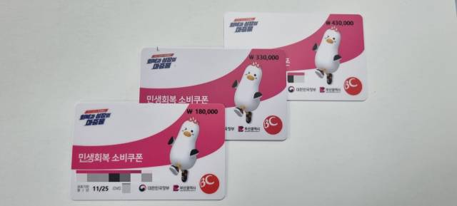 부산에서 배부되는 민생회복 소비쿠폰 선불카드. 상단에 금액이 표기돼 있다. 김준현 기자