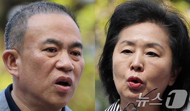 윤석열 전 대통령 부부 공천 개입 의혹의 핵심 인물인 명태균 씨와 참고인 신분으로 소환된 김영선 전 의원이 29일 오전 검찰 조사를 받기 위해 서울 서초구 서울고검 청사로 출석하며 각각 입장을 밝히고 있다. 2025.4.29/뉴스1 ⓒ News1 오대일 기자