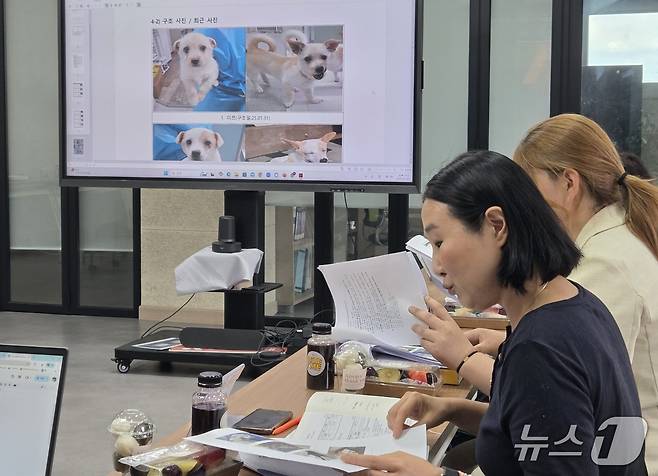 최미금 동물과 함께 행복한 세상 대표가 23일 동물자유연대 사무실에서 풀뿌리단체 입양활성화 지원사업 성과 발표를 하고 있다. ⓒ 뉴스1 한송아 기자