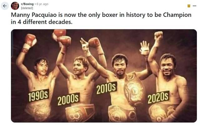 미국의 소셜미디어 레딧에 올라온 '4 디케이드(decades) 파키아오'의 이미지. 이른 나이인 16살에 프로에 데뷔해 46살까지 현역생활을 하니 전무후무한 기록으로 평가받는다. / 레딧 캡처
